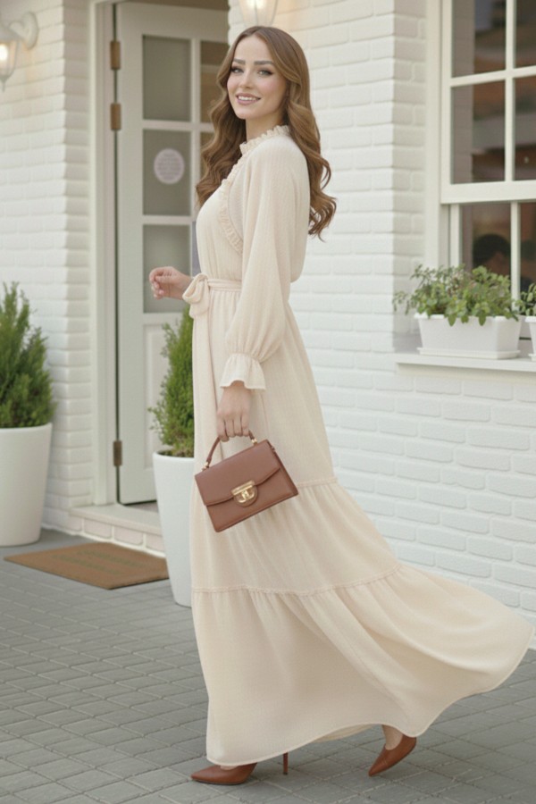 Kuşaklı Fırfır Detaylı Elbise Taş Rengi 2084 Kuşaklı Fırfır Detaylı Elbise Taş Rengi 2084