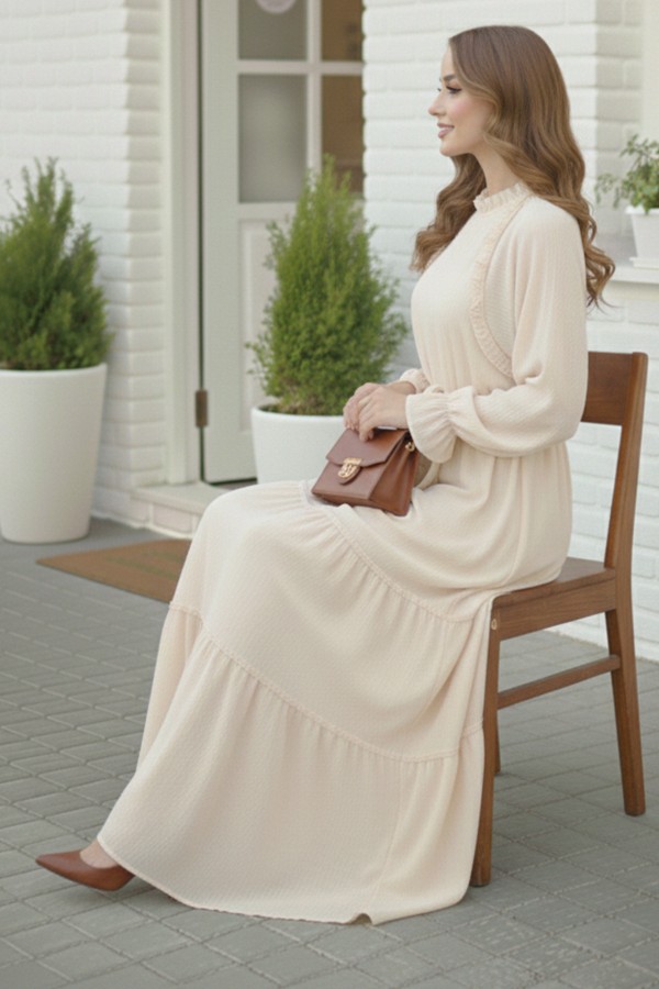 Kuşaklı Fırfır Detaylı Elbise Taş Rengi 2084 Kuşaklı Fırfır Detaylı Elbise Taş Rengi 2084