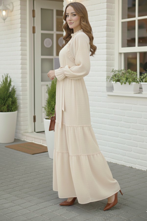 Kuşaklı Fırfır Detaylı Elbise Taş Rengi 2084 Kuşaklı Fırfır Detaylı Elbise Taş Rengi 2084