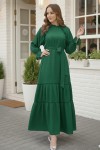  Kuşaklı Fırfır Detaylı Elbise Zümrüt Yeşili 2084