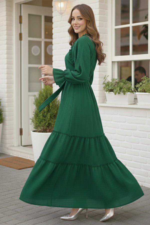  Kuşaklı Fırfır Detaylı Elbise Zümrüt Yeşili 2084