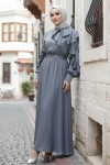 Beli Kuşaklı Fırfır Detaylı Elbise Gri 2092 Beli Kuşaklı Fırfır Detaylı Elbise Gri 2092