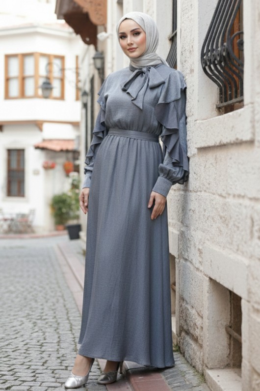  Beli Kuşaklı Fırfır Detaylı Elbise Gri 2092