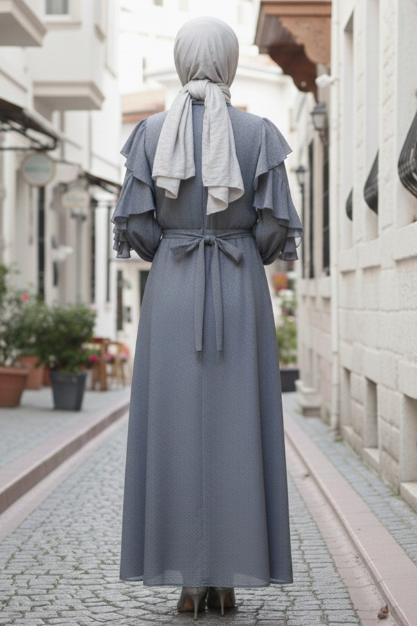 Beli Kuşaklı Fırfır Detaylı Elbise Gri 2092 Beli Kuşaklı Fırfır Detaylı Elbise Gri 2092