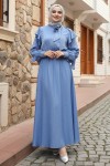  Beli Kuşaklı Fırfır Detaylı Elbise Mavi 2092