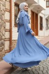  Beli Kuşaklı Fırfır Detaylı Elbise Mavi 2092