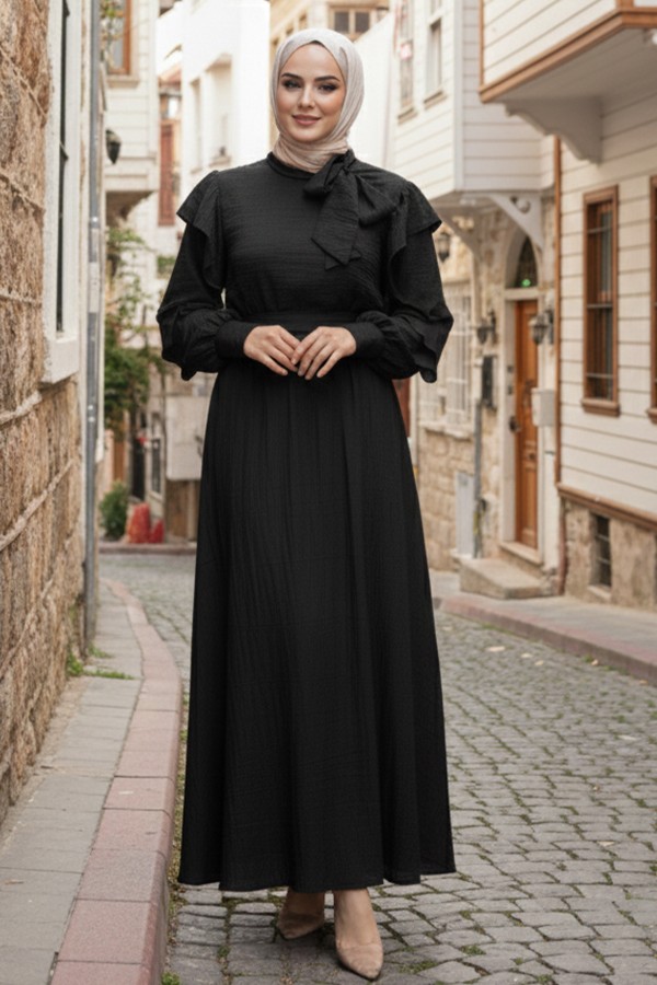 Kadın Beli Kuşaklı Fırfır Detaylı Elbise Siyah 2092