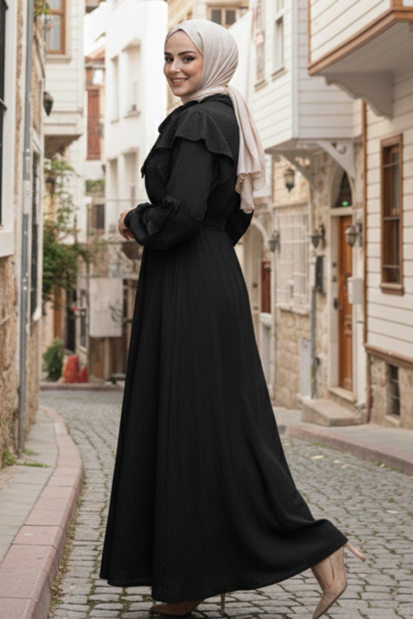 Kadın Beli Kuşaklı Fırfır Detaylı Elbise Siyah 2092