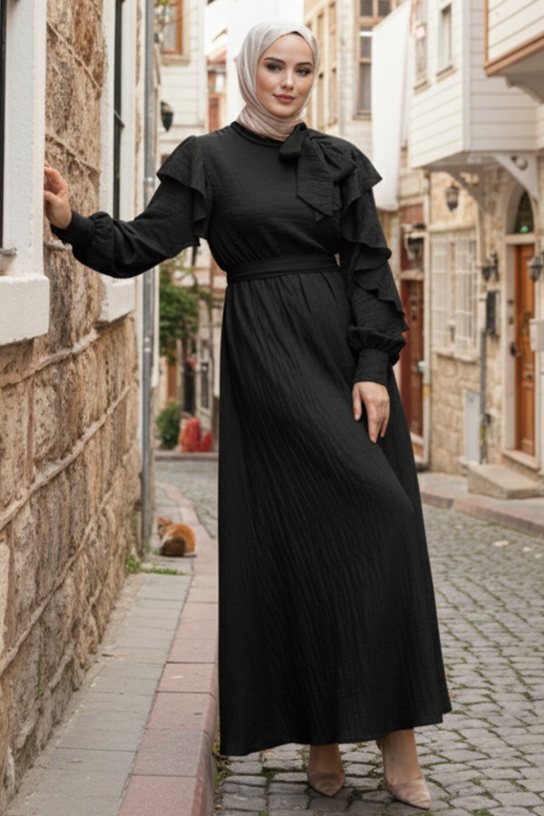 Kadın Beli Kuşaklı Fırfır Detaylı Elbise Siyah 2092