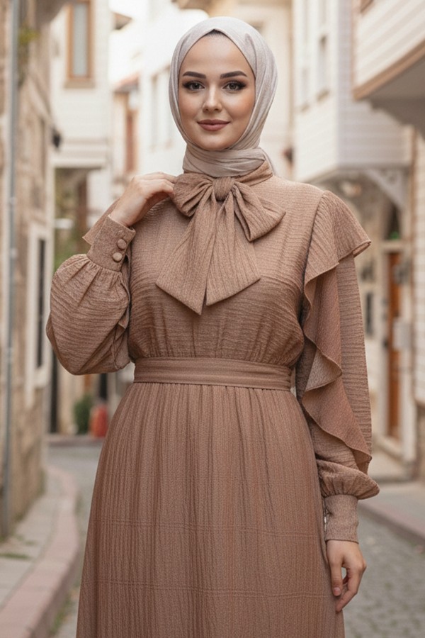 Beli Kuşaklı Fırfır Detaylı Elbise Vizon 2092 Beli Kuşaklı Fırfır Detaylı Elbise Vizon 2092