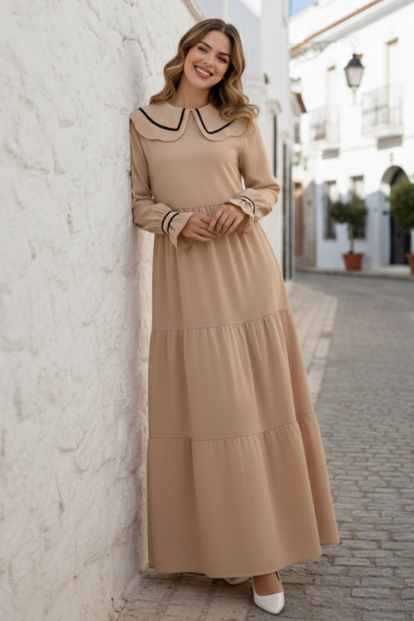 Bebe Yakalı Elbise Bej 2113 Bebe Yakalı Elbise Bej 2113