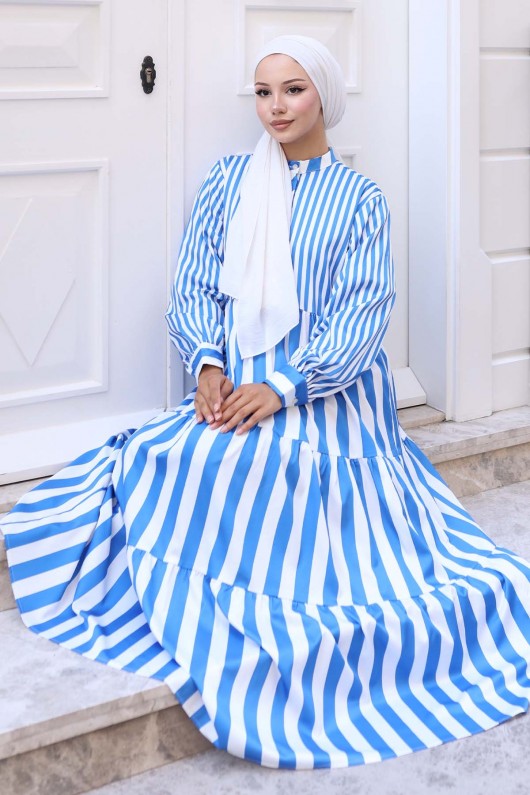 Çizgili Saten Elbise Mavi 2114 Çizgili Saten Elbise Mavi 2114