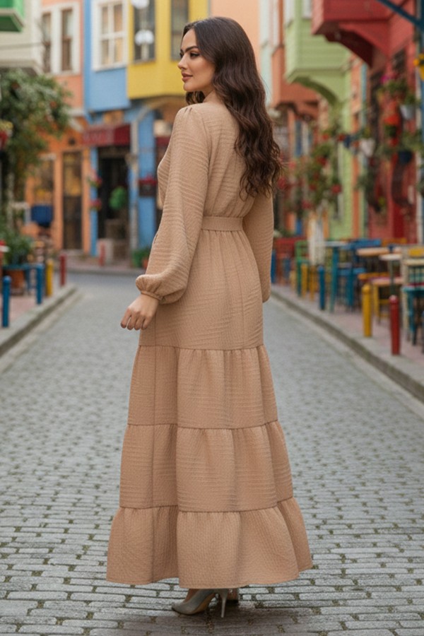 Kabartma Desenli Elbise Bej 2119 Kabartma Desenli Elbise Bej 2119