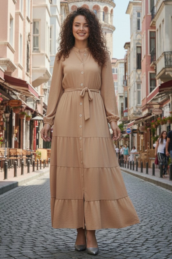 Düğmeli Kabartma Desenli Elbise Bej 2120 Düğmeli Kabartma Desenli Elbise Bej 2120