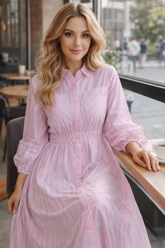 Çizgili Gömlek Elbise Pembe 2132 Çizgili Gömlek Elbise Pembe 2132