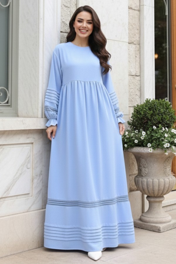 Nervür Detaylı Tesettür Elbise Bebe Mavisi 2207 Nervür Detaylı Tesettür Elbise Bebe Mavisi 2207