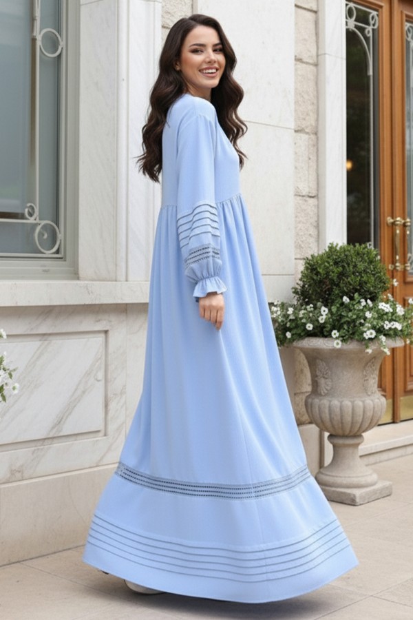 Nervür Detaylı Tesettür Elbise Bebe Mavisi 2207 Nervür Detaylı Tesettür Elbise Bebe Mavisi 2207
