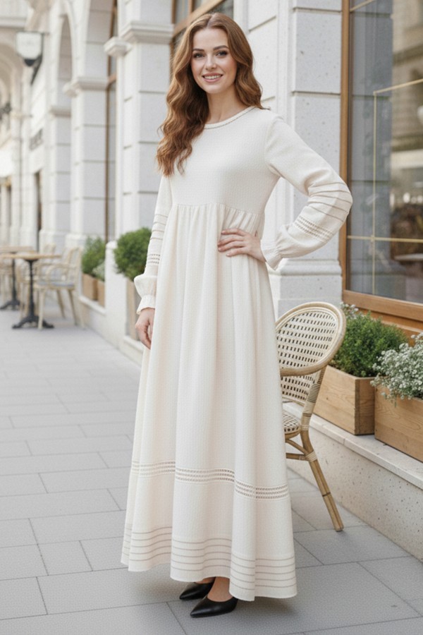 Nervür Detaylı Tesettür Elbise Taş Rengi 2207