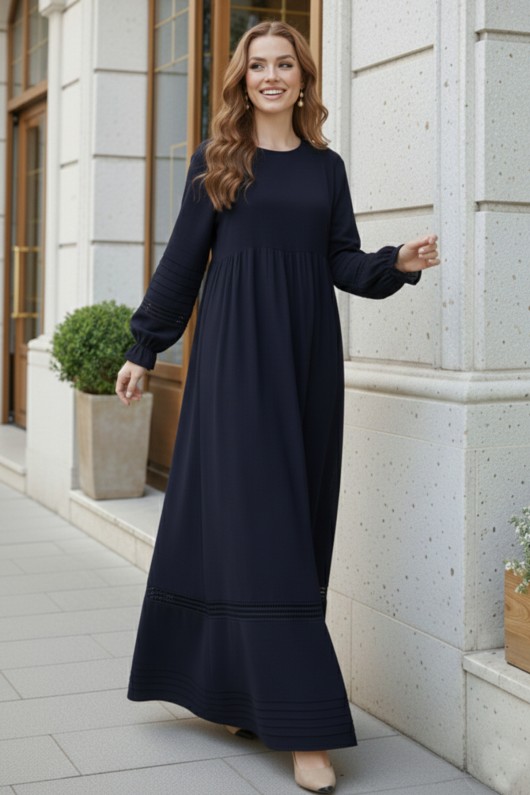 Nervür Detaylı Tesettür Elbise Lacivert 2207