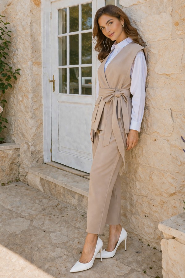 Bağlamalı Yelek Pantolon Takım Bej 2243