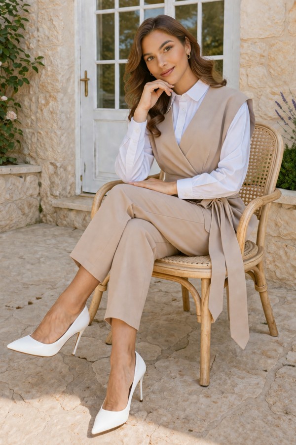 Bağlamalı Yelek Pantolon Takım Bej 2243