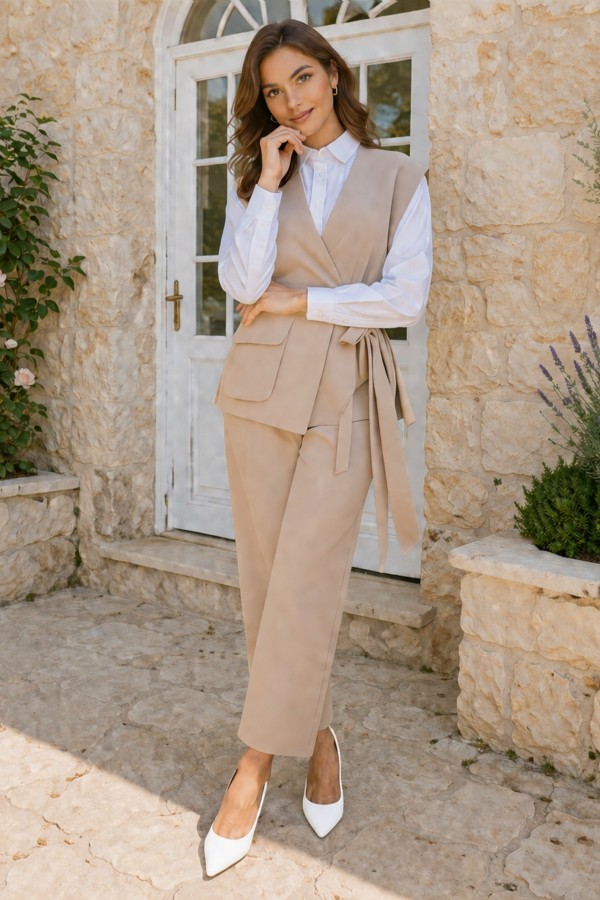 Bağlamalı Yelek Pantolon Takım Bej 2243
