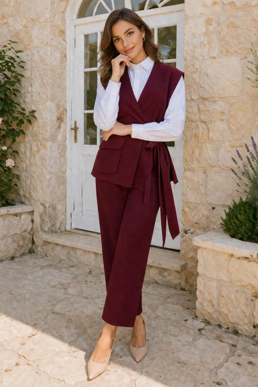 Bağlamalı Yelek Pantolon Takım Bordo 2243
