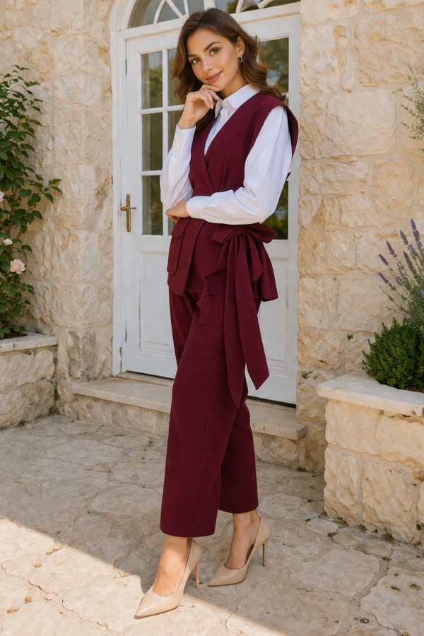 Bağlamalı Yelek Pantolon Takım Bordo 2243 Bağlamalı Yelek Pantolon Takım Bordo 2243