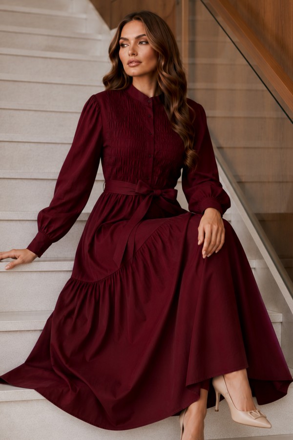 Kuşaklı Tesettür Elbise Bordo 2247