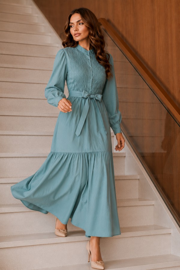 Kuşaklı Tesettür Elbise Çağla 2247