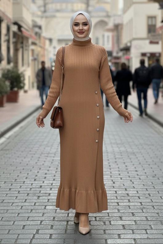 Yan Düğmeli Fırfırlı Elbise H25309 Vizon Yan Düğmeli Fırfırlı Elbise H25309 Vizon