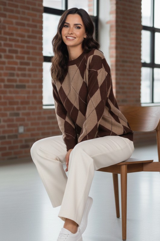 Baklava Desenli Triko Kazak N3027 Kahverengi