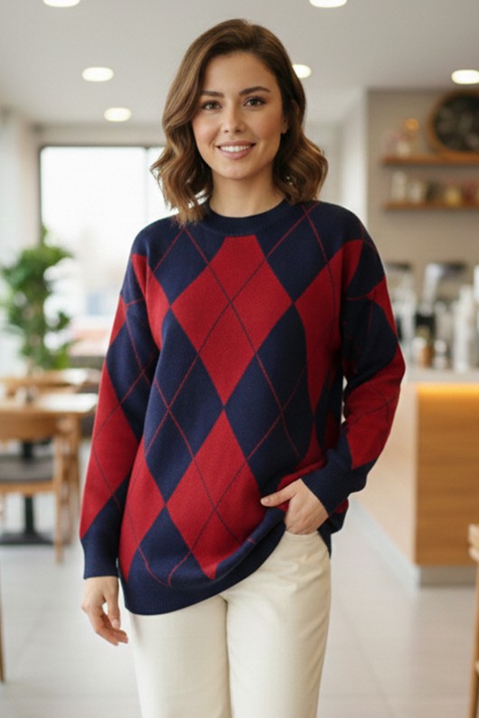 Baklava Desenli Triko Kazak N3027 Kırmızı