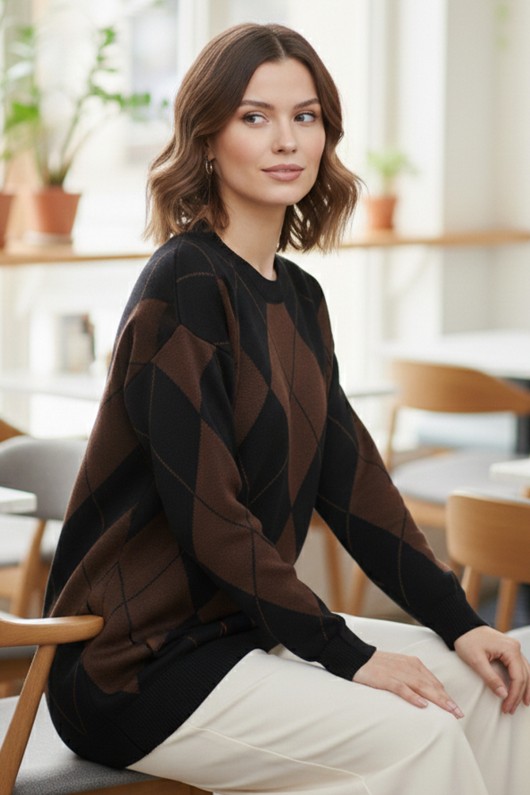 Baklava Desenli Triko Kazak N3027 Siyah