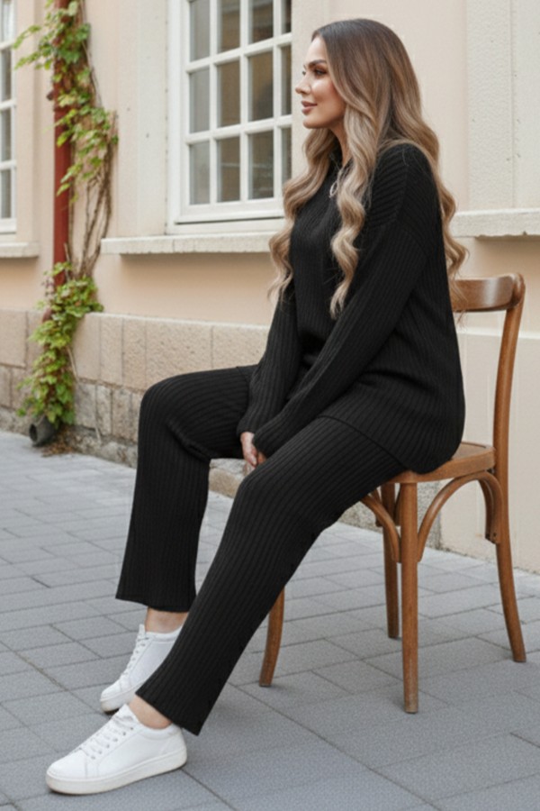  Fermuar Detaylı Fitilli Triko Takım Siyah 3062