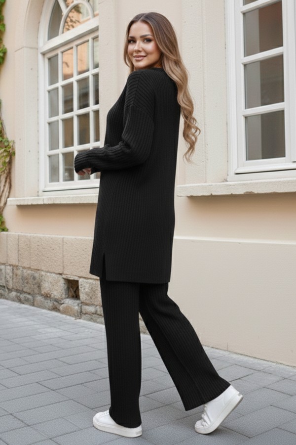  Fermuar Detaylı Fitilli Triko Takım Siyah 3062