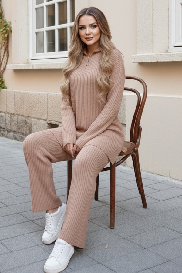  Fermuar Detaylı Fitilli Triko Takım Vizon 3062