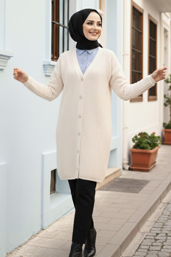  Düğme Detaylı Fitilli Hırka Taş Rengi 3091