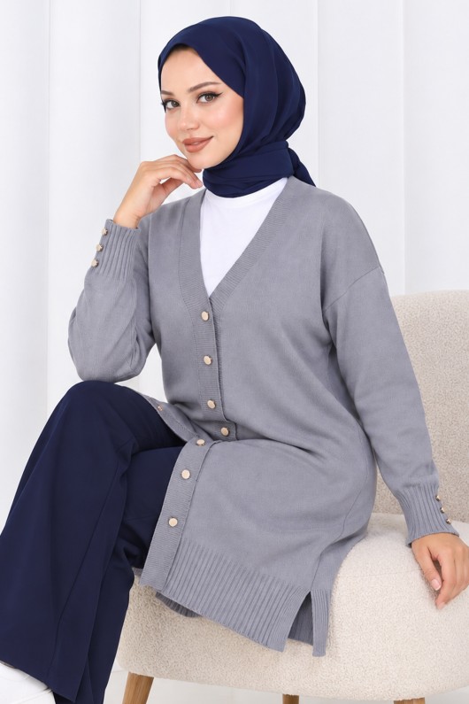 Düğmeli Uzun Merserize Hırka N3176 Gri