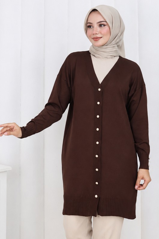 Düğmeli Uzun Merserize Hırka N3176 Kahverengi