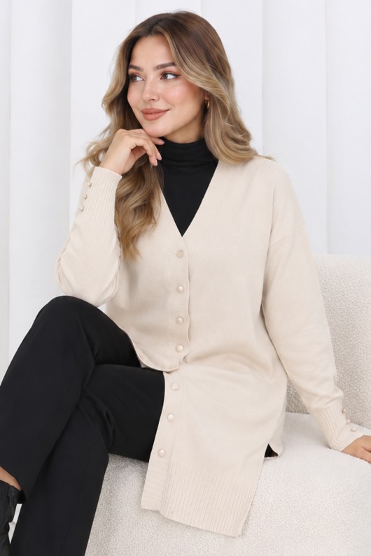 Düğmeli Uzun Merserize Hırka N3176 Taş Rengi