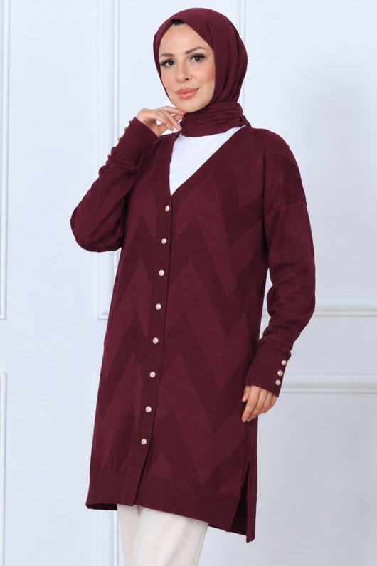 Desenli Uzun Merserize Hırka N3193 Bordo Desenli Uzun Merserize Hırka N3193 Bordo
