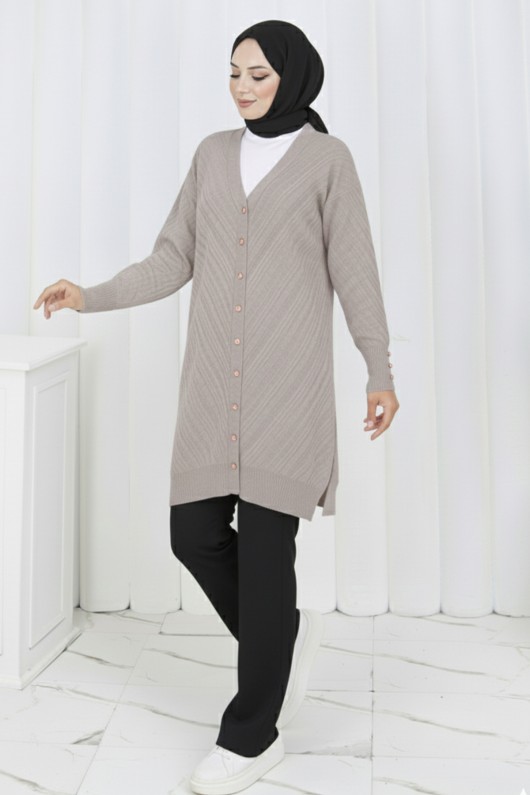 Desenli Uzun Merserize Hırka N3198 Bej