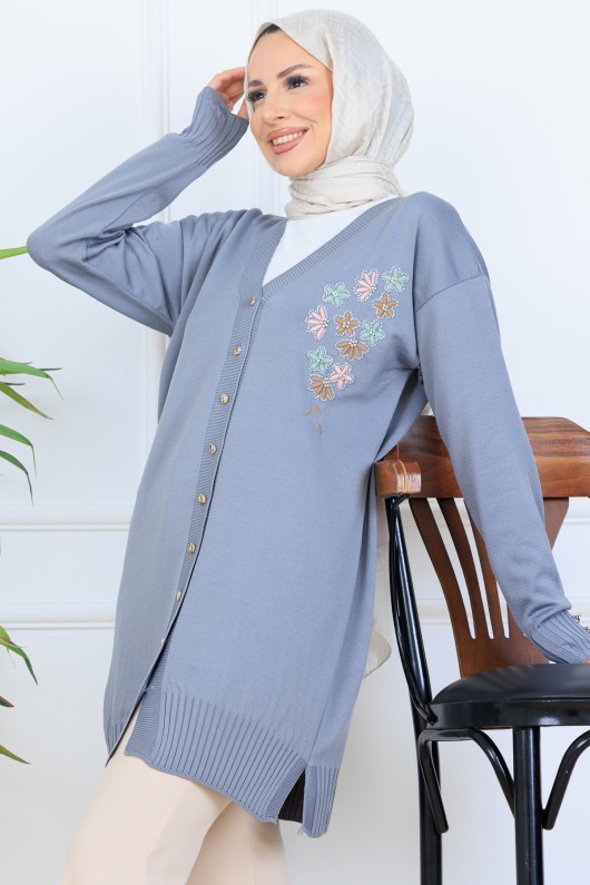 Nakış Detaylı Boncuk İşlemeli Merserize Hırka N3280 Gri Nakış Detaylı Boncuk İşlemeli Merserize Hırka N3280 Gri