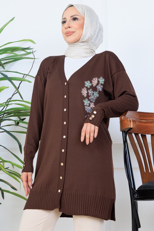 Nakış Detaylı Boncuk İşlemeli Merserize Hırka N3280 Kahverengi Nakış Detaylı Boncuk İşlemeli Merserize Hırka N3280 Kahverengi