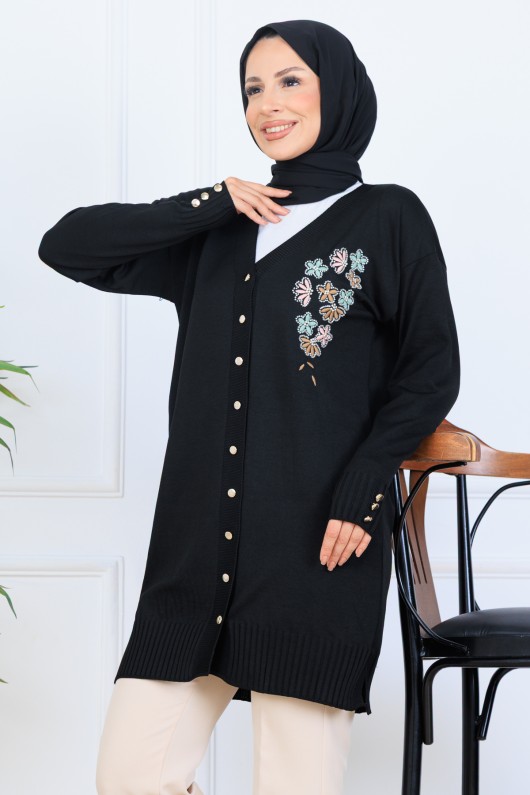 Nakış Detaylı Boncuk İşlemeli Merserize Hırka N3280 Siyah