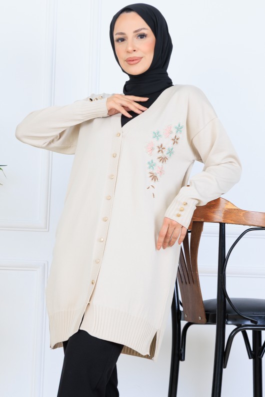 Nakış Detaylı Boncuk İşlemeli Merserize Hırka N3280 Taş Rengi