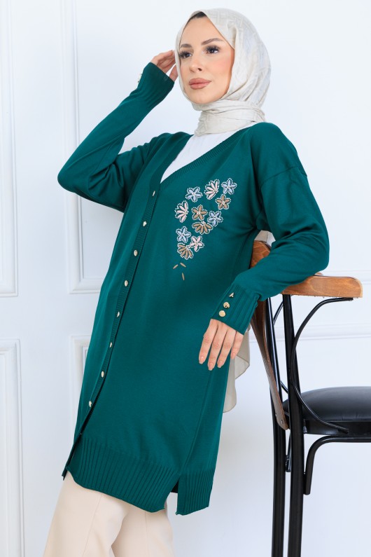 Nakış Detaylı Boncuk İşlemeli Merserize Hırka N3280 Zümrüt Yeşili