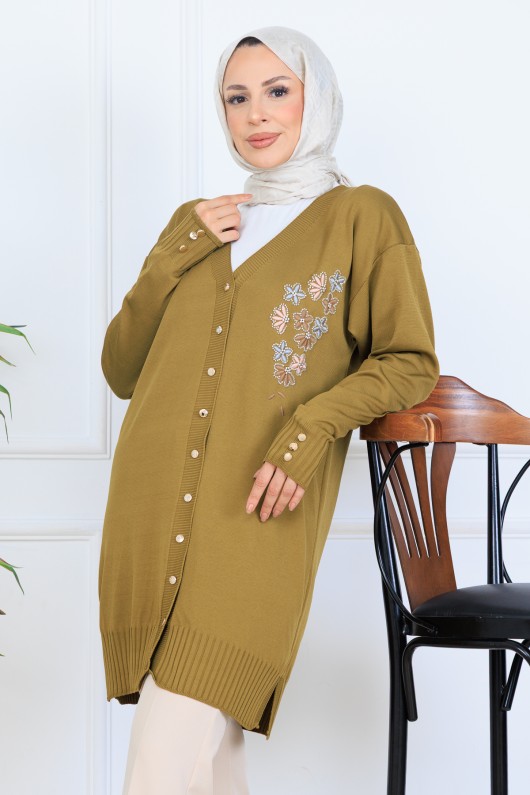 Nakış Detaylı Boncuk İşlemeli Merserize Hırka N3280 Yağ Yeşili