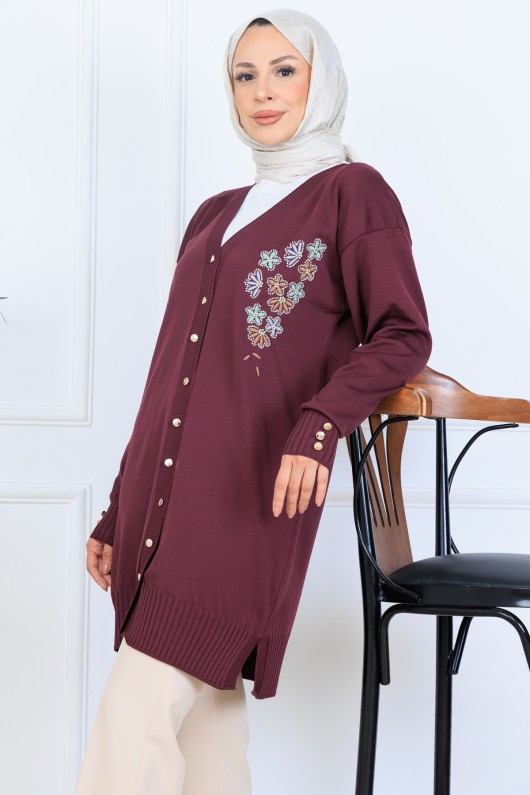 Nakış Detaylı Boncuk İşlemeli Merserize Hırka N3280 Mürdüm